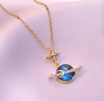 Celestial Blue Zircon Planet Necklace